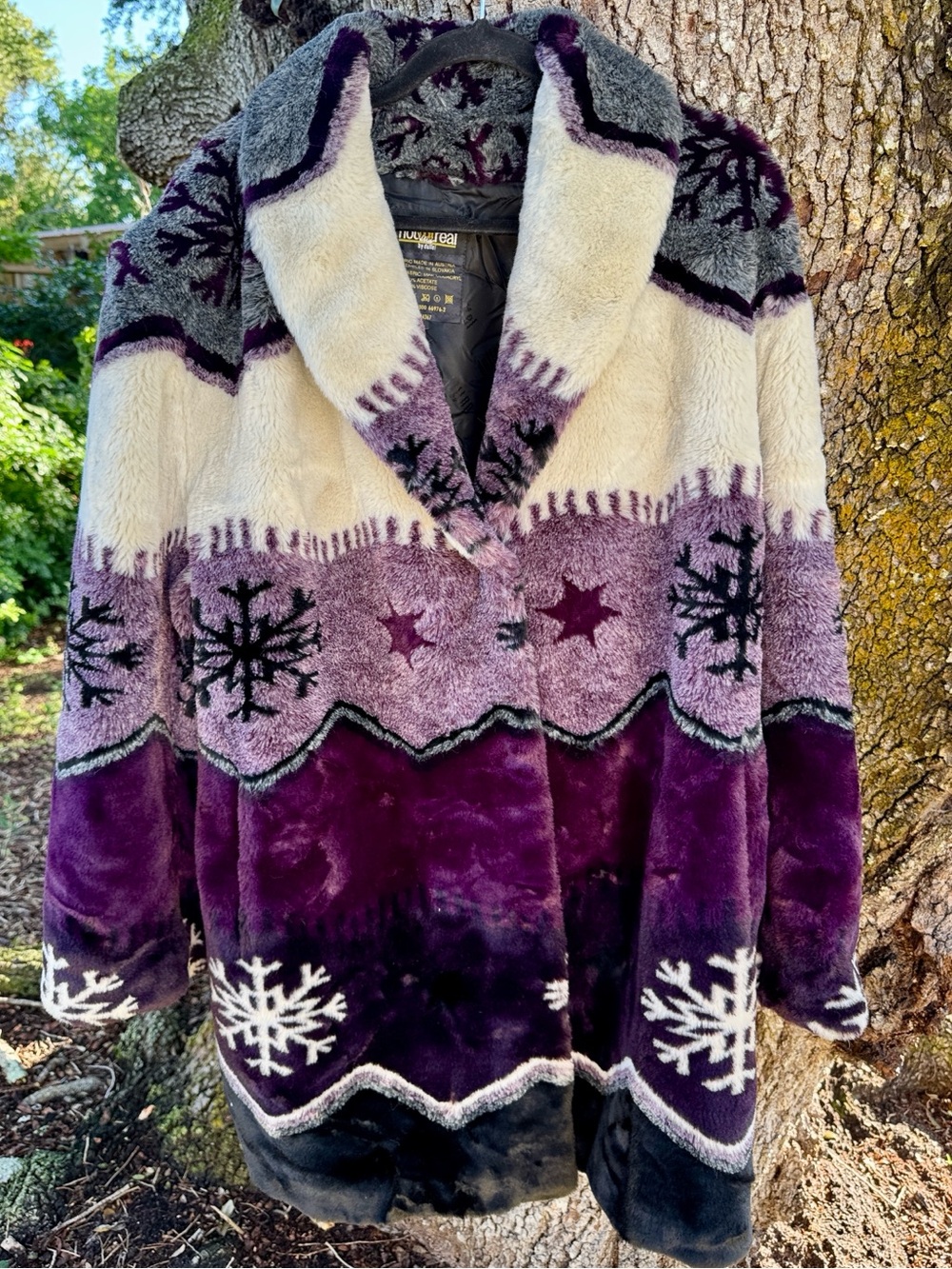 Vtg.Not Fur Real Faux Fur Purple/Cream/Gray Snowflake Print Warm Longline Coat.L